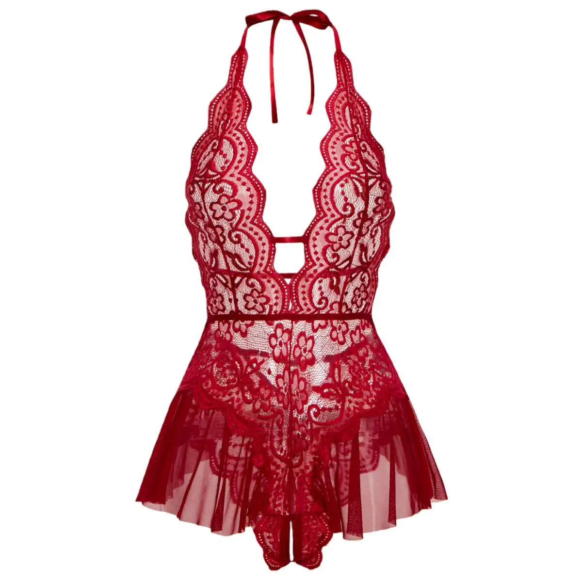 

Erotic Crotchless Hot Lingerie Teddies Bodysuit Lace Up Halter Deep V Babydoll Dress Sexy Backless Hollow Out Date Night Outfit