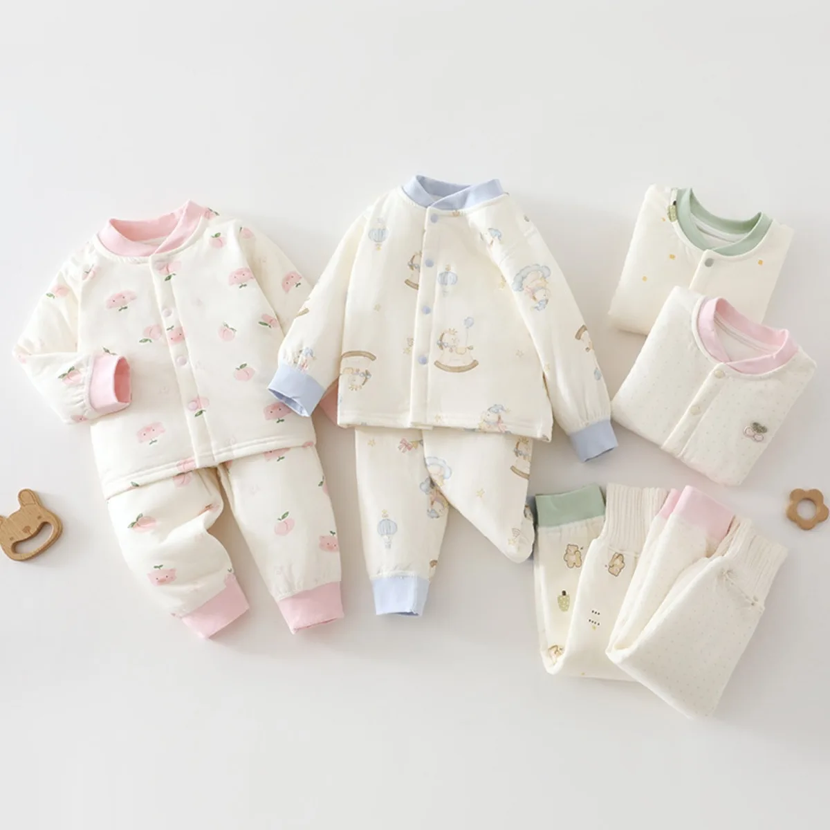 Soft Quilted Cotton Baby Pajama Warm Lightweight Sleepwear 1-3Y Front Snap Top & High Waist Pants Cozy Winter Wear for Boy Girl