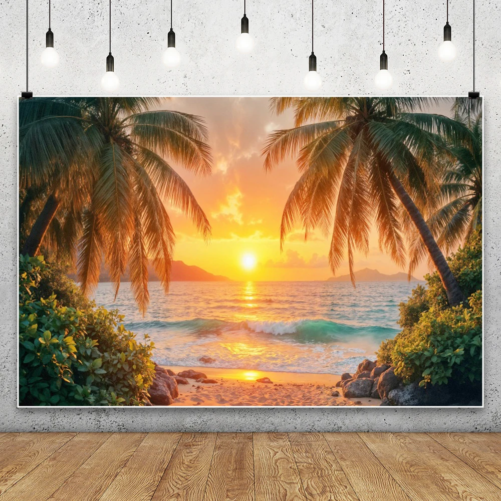 夏の海辺の写真の背景,ビーチの青い空,日没,熱帯のヤシの木,結婚式,誕生日パーティー,写真の背景,スタジオ