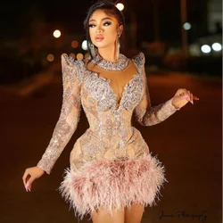 Custom Beads Short Prom Dress Ostrich robes de soirée Crystals Prom Dress With Sleeves Special Occasion Birthday Wear