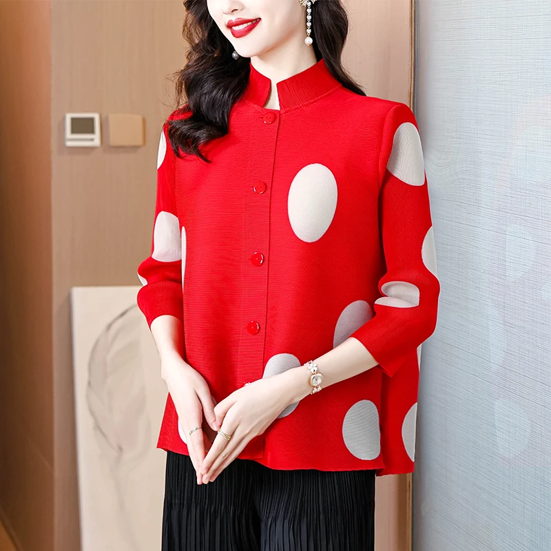 Summer Pleated Loose Shirt Women Stand Collar Single Breasted Dot Print Casual Blouse Vintage Female Tops 2024 Chinese Style New