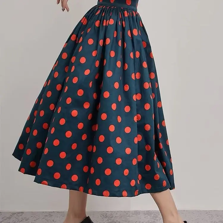 Spring and Autumn Hepburn Peacock Blue Polka Dot Skirt Printed Puffy Hepburn A-line Skirt Ol Women Belly Covering Hot Style