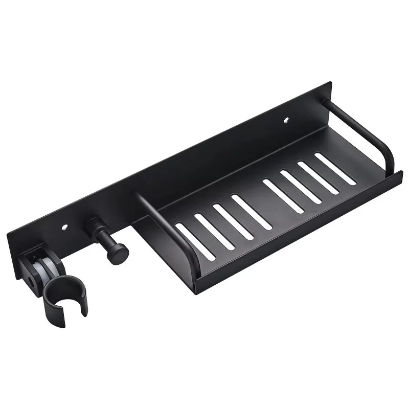 Aluminum Matte Black Corner Shower Head Bracket Rack No Drilling Paste Wall Storage Rack Hotel Sitting Bath Sprayer Soap Rack