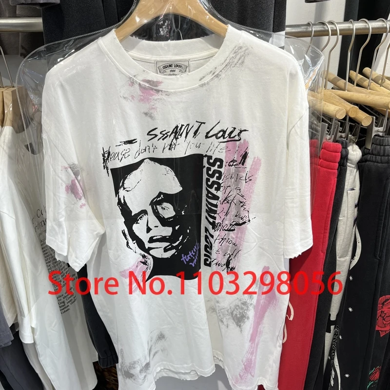 

2024 New High Quality Real Picture Saint Louis T Shirts Men Women Round Neck Shorts Sleeve Funny Doodle Print Tops