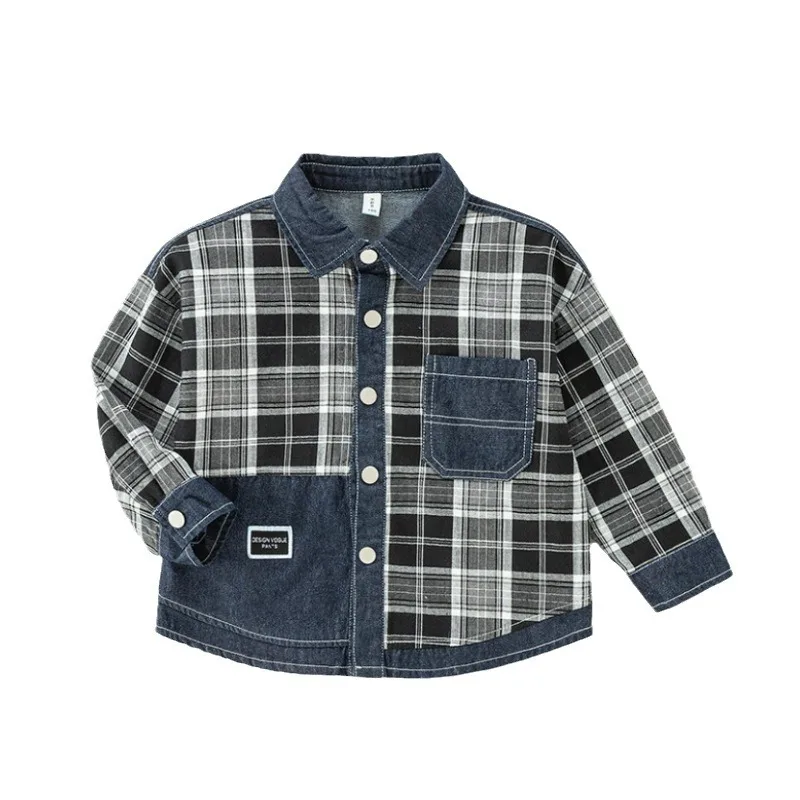 Camicie da ragazzo primavera 2025 nuova versione coreana per bambini più grandi camicia a maniche lunghe scozzese giacca casual per bambini in denim