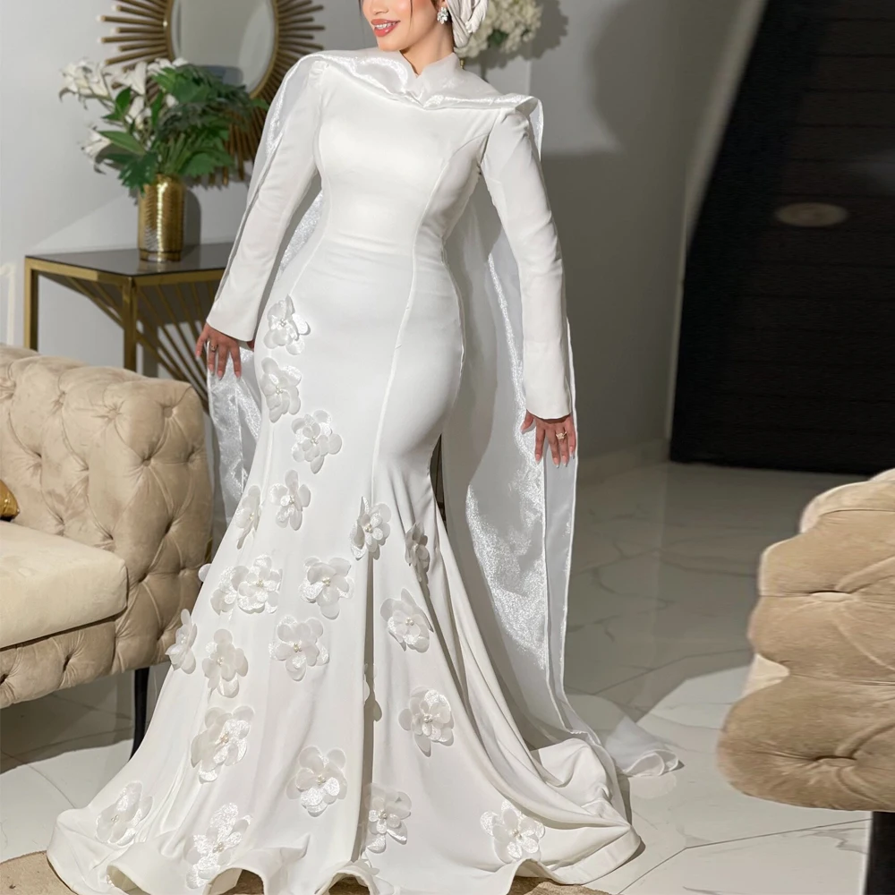Customized Handmade Flower Hijab Wedding Dress O Neck Long Sleeve Mermaid Muslim Bridal Gown White Satin Abiye Formal Dresses