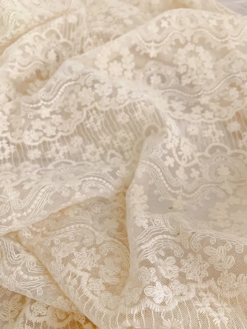 Ivory Beige Embroidered Mesh Tulle Lace Fabric With Tiny Daisy Flowers And Stripes for Apparel Sewing Fabric Curtain Decorative