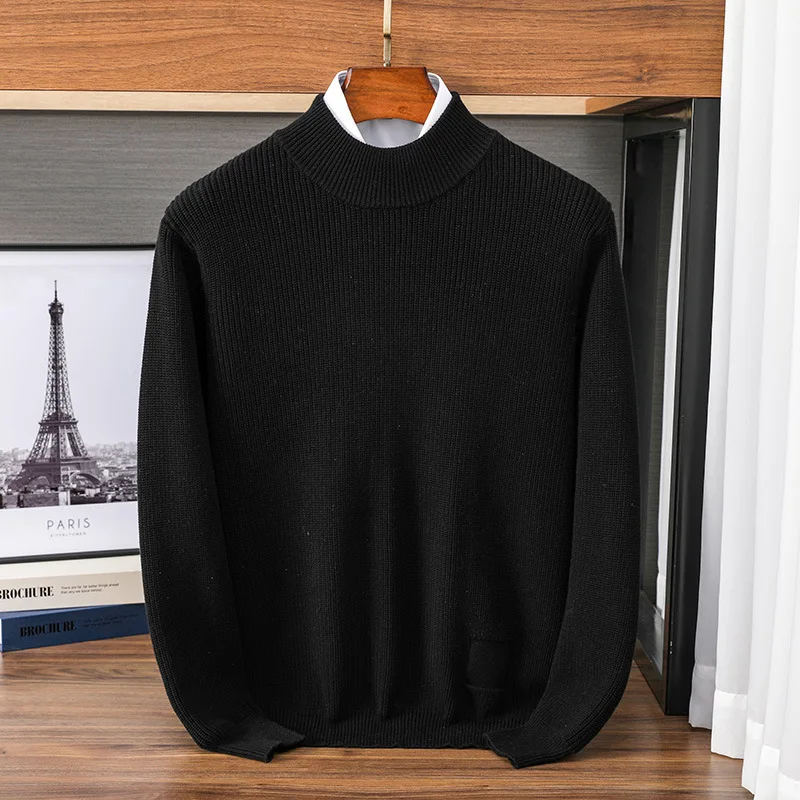 เสื้อสเวตเตอร์ถักคอกลมผู้ชายคุณภาพสูง แบบเรียบง่าย สวมใส่สบาย สำหรับฤดูหนาว แขนยาว ผ้าฝ้าย 100%