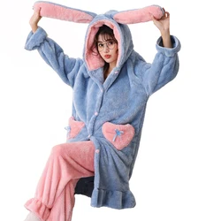 Winter Cartoon Flannel Pajamas Set for Women Kawaiii Warm Nightgown Suit Plush Soft Sleepwear Nightdress Home Wear Sleepshirts