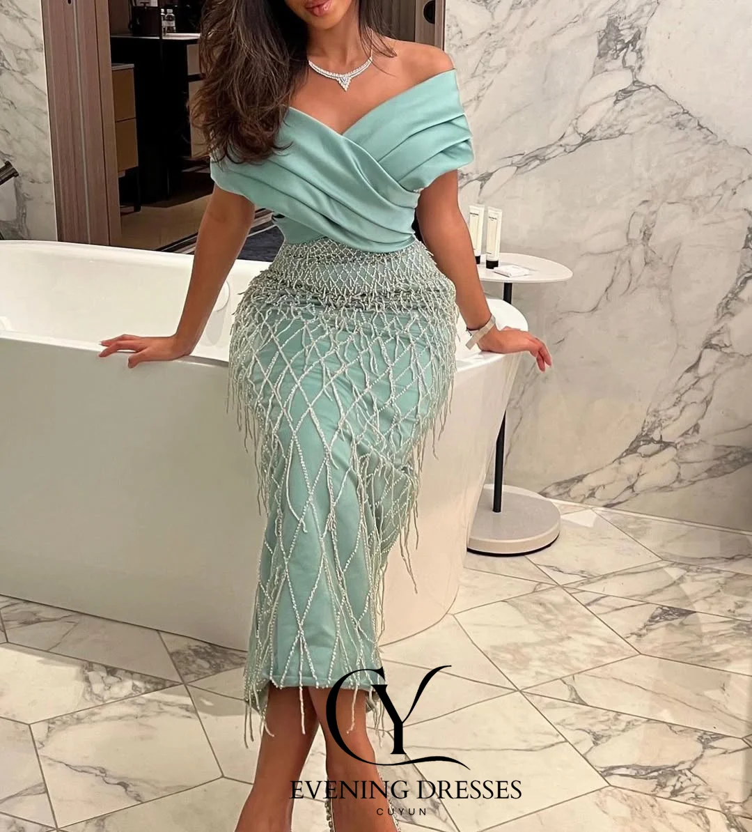 CUYUN Off the Shoulder Beading Luxury Women Party Dress Evening Gown for Special Occasion Customized Ankle-Length Straight Gown