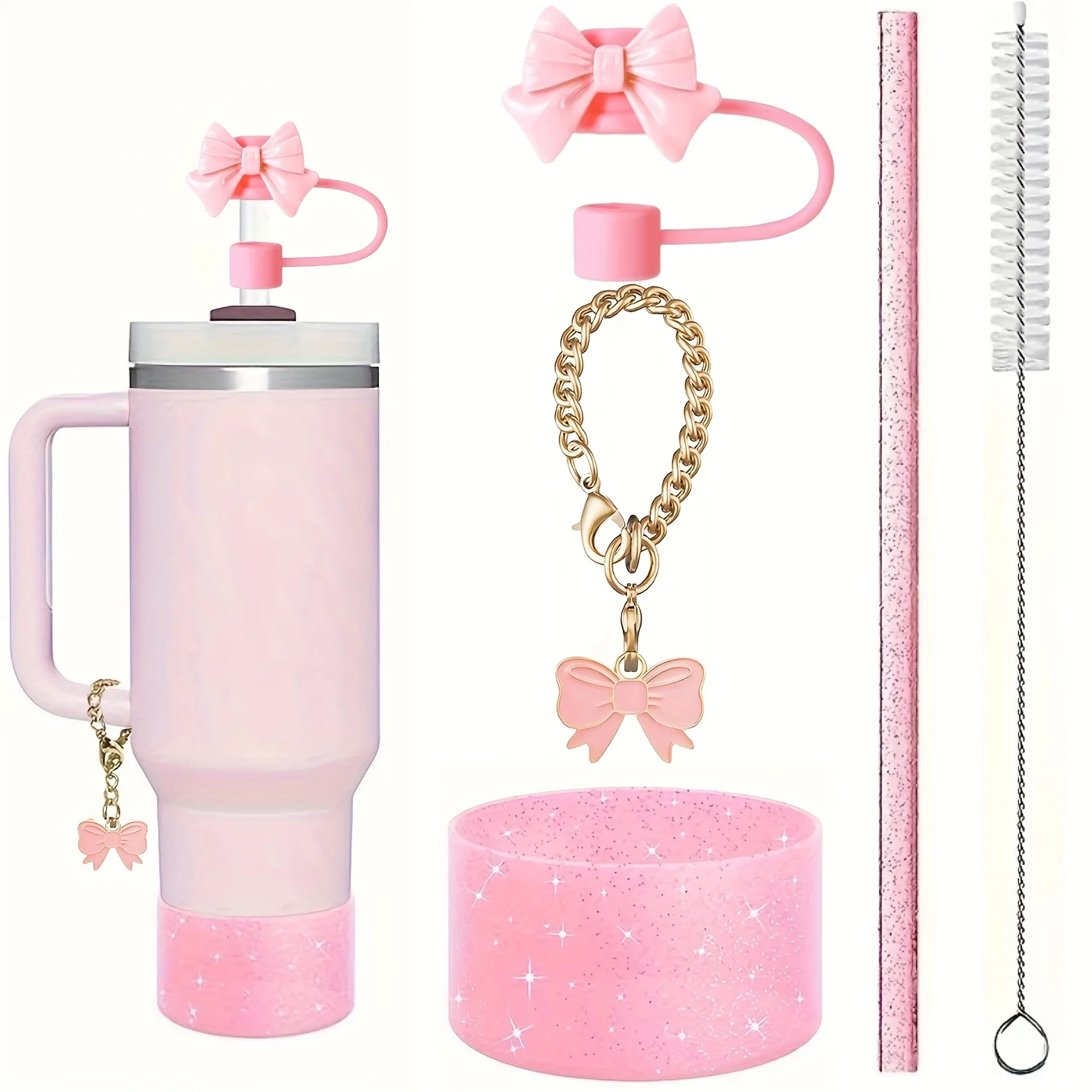 

Набор аксессуаров для чашек из 5 предметов. Чашка на 30 и 40 унций с ручкой, включая крышку соломинки с бантом и чехлом, соломинку, щетку для чистки.