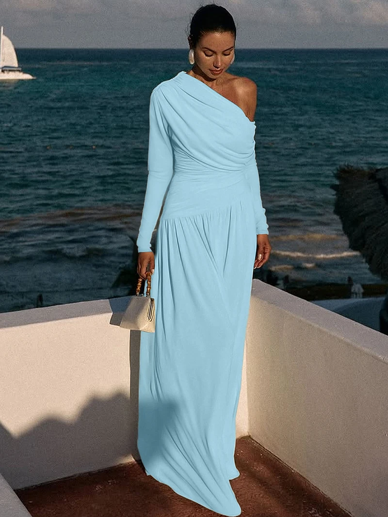 DGLUKE One-Shoulder-Langarm-Maxikleid für Damen, gerüscht, hohe Taille, plissiert, langes Kleid, elegante Party-Abschlussballkleider