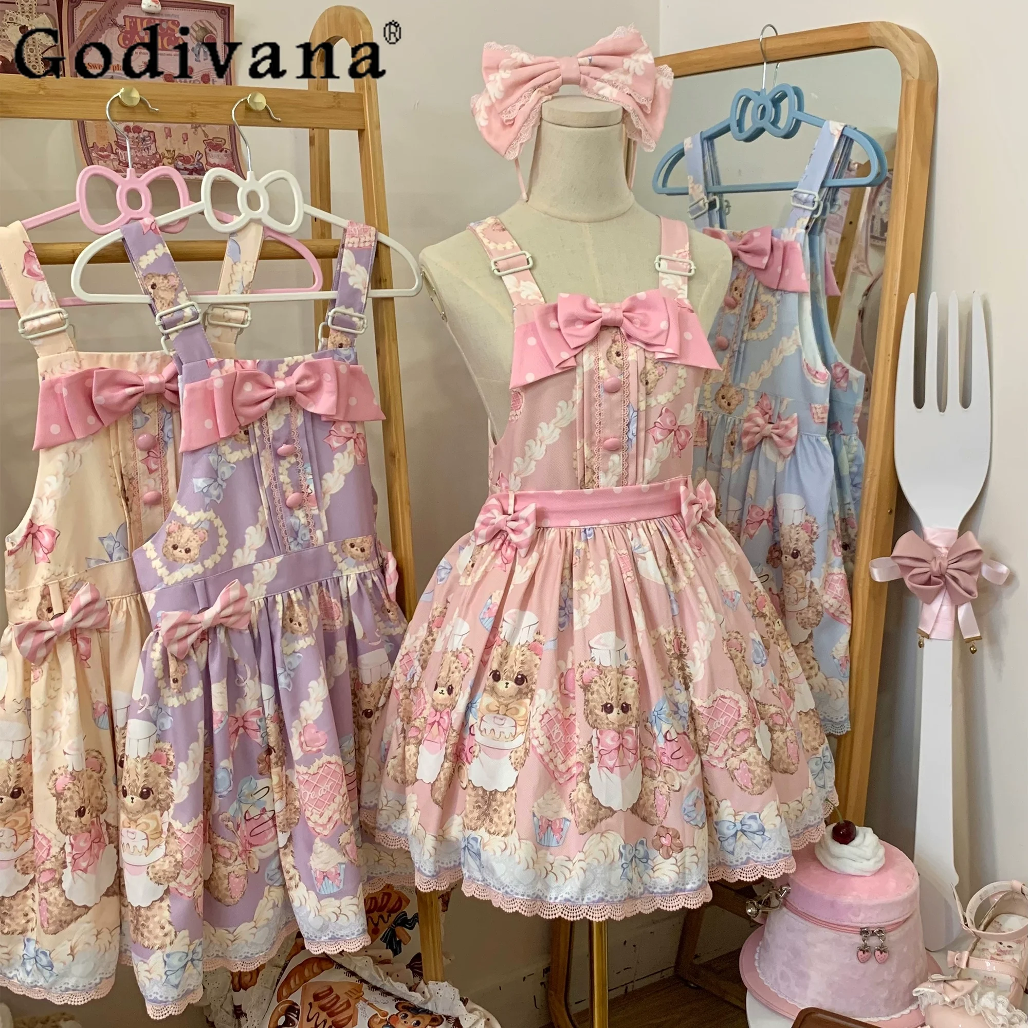 

Original Lolita Suspender Dress Women's Y2k Girls Sweet Bear Print Bow Short Birthday Party Dress Spring and Summer Kawaii Dress