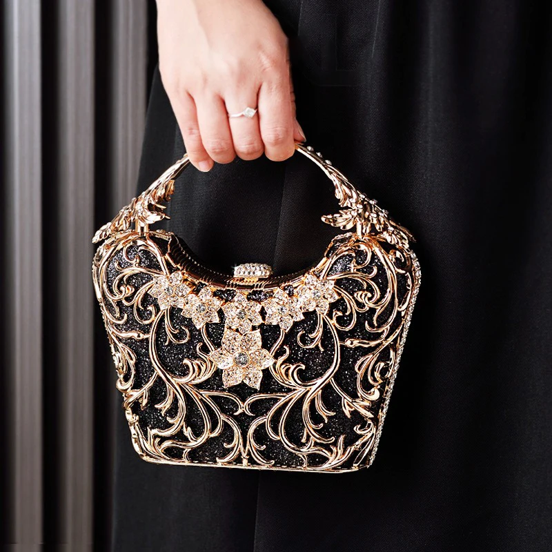 

Luxury Black Dinner Clutch Bag for Women Hollow Shiny Wedding Evening Handbag with Shoulder Strap New 2025
