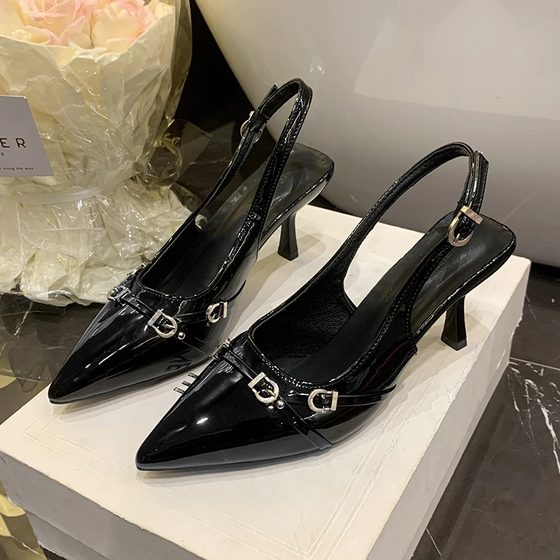 

High-heeled sandals shallow mouth spring 2025 new rear empty thin heel temperament pointed single shoes women's shoes