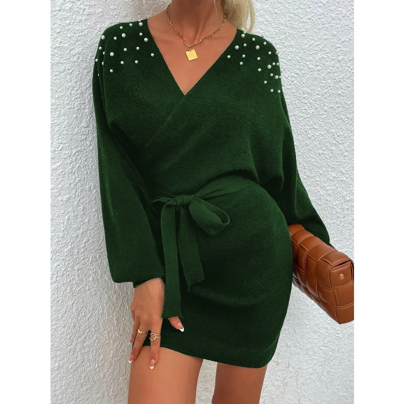 

2025 Fall/Winter New V-Neck Knitted Sweater Dress Studded Beaded Sweater Dress