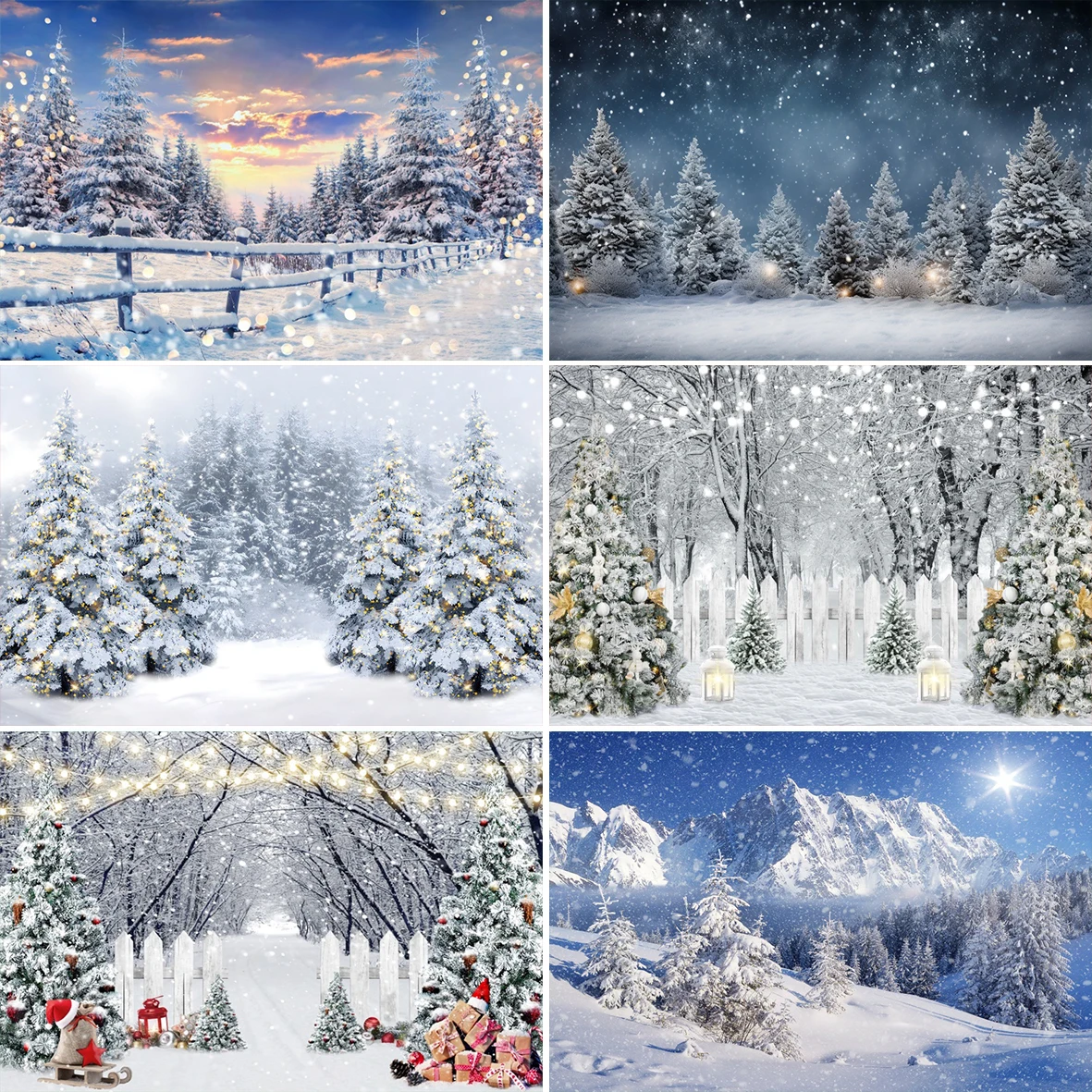 Laeacco Winter Snow Forest Photo Backdrop Christmas Tree Decor Indoor Portrait Photograph Prop Landscape Background Party Banner