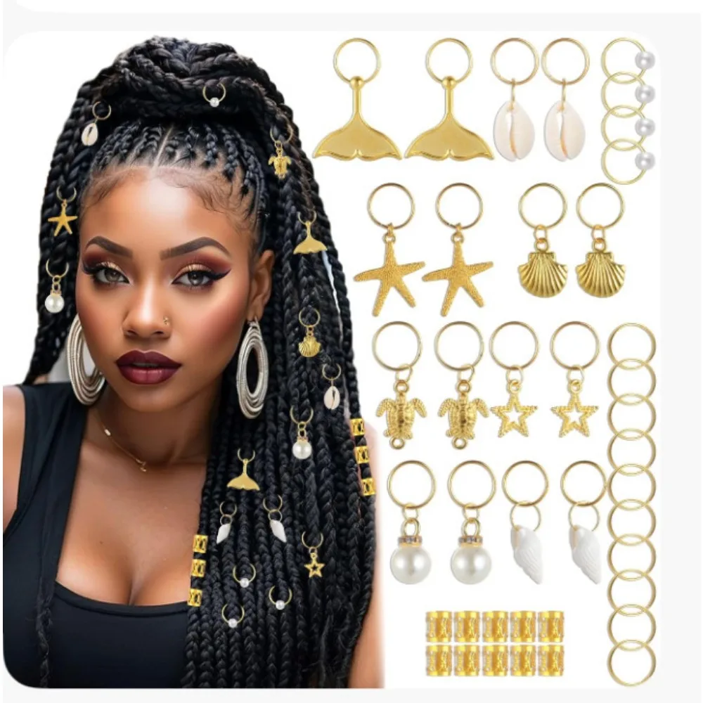 40PCS Ocean Series Hair Clips & Hair Rings for Braid Dreadlock Bead for Black WomenBeach Seashell Hair Accessories Summer Travel
