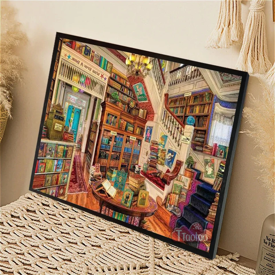 5D Library Landscape Diamond Painting DIY Book Full Square Round Drill Mosaic Bead Embroidery Home Decor Frameless Wall Hanging