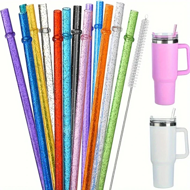 

12 Pcs Reusable Plastic Straws Glitter Drinking Straws for Stanley Cup Clear Sparkle Straw with Cleaning Brush for Tumbler Party