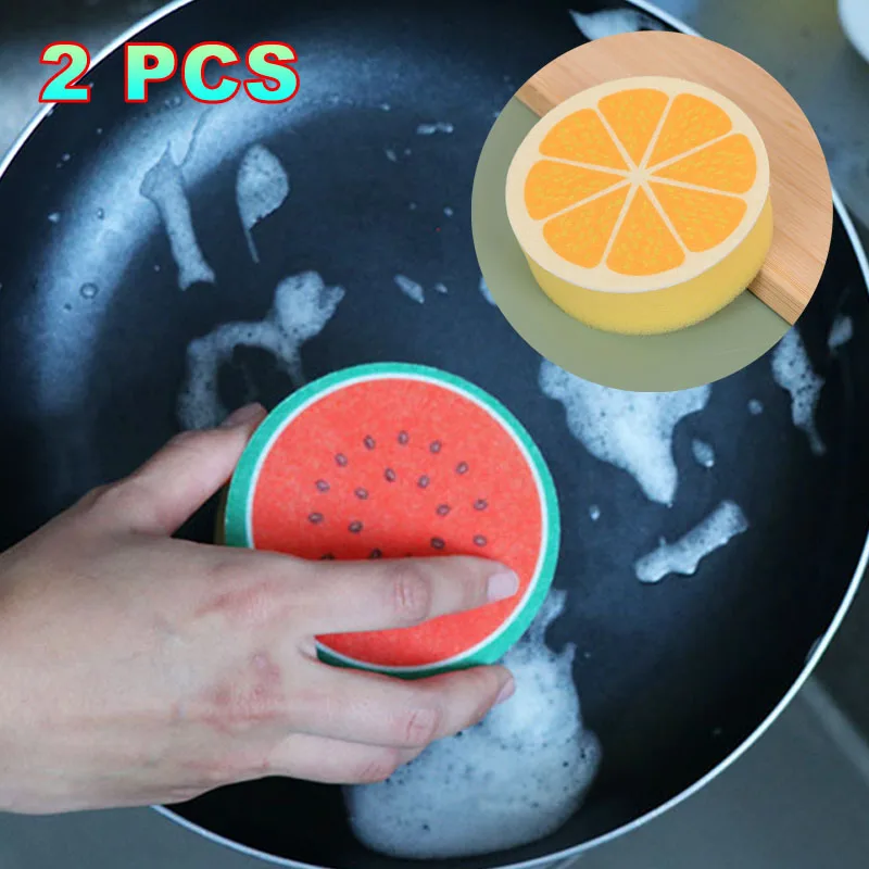 2pcs Fruit Printed Dishwashing Sponge Efficient Cleaning Scouring Pad Rags Degreasing Thickening Sponge Dish Washing Dishcloth