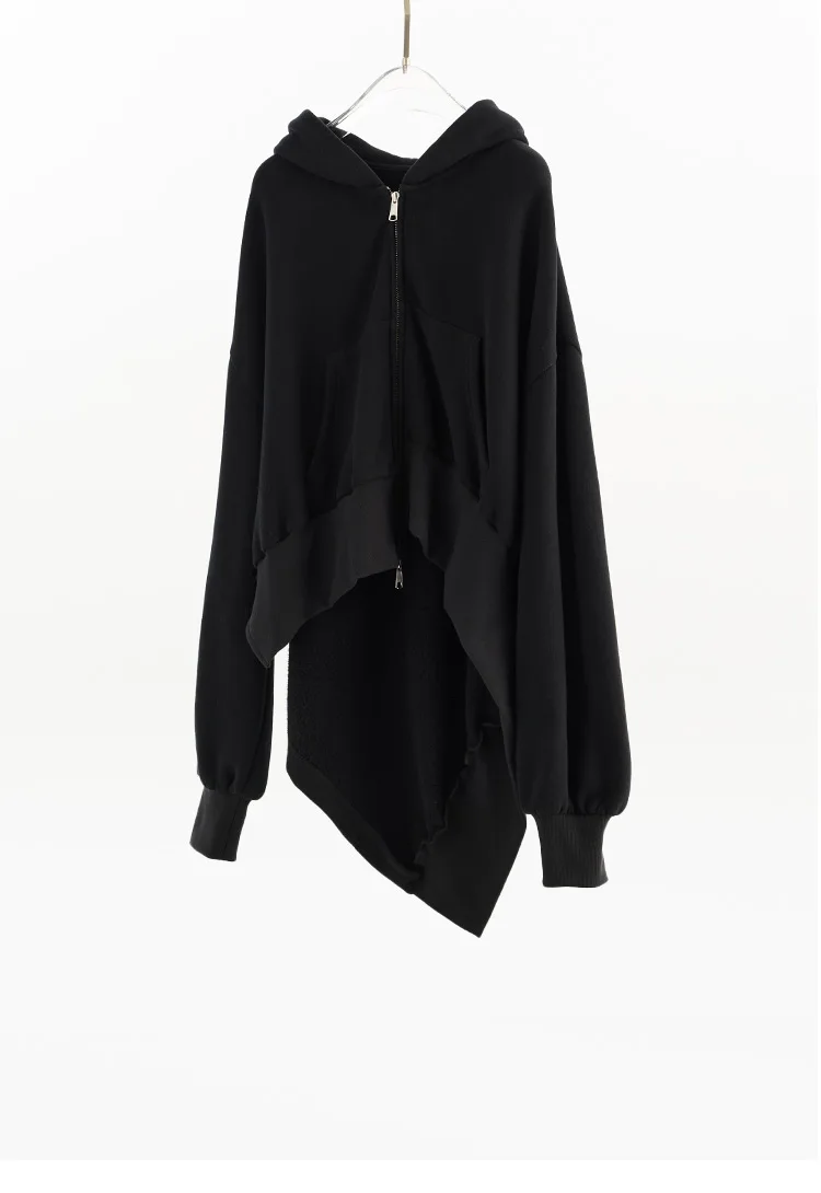Irregular Sweatshirt~ Black Hooded Sweatshirt Women's Jacket, All-Cotton, Loose Fit, Casual, Slimming, New Autumn Style