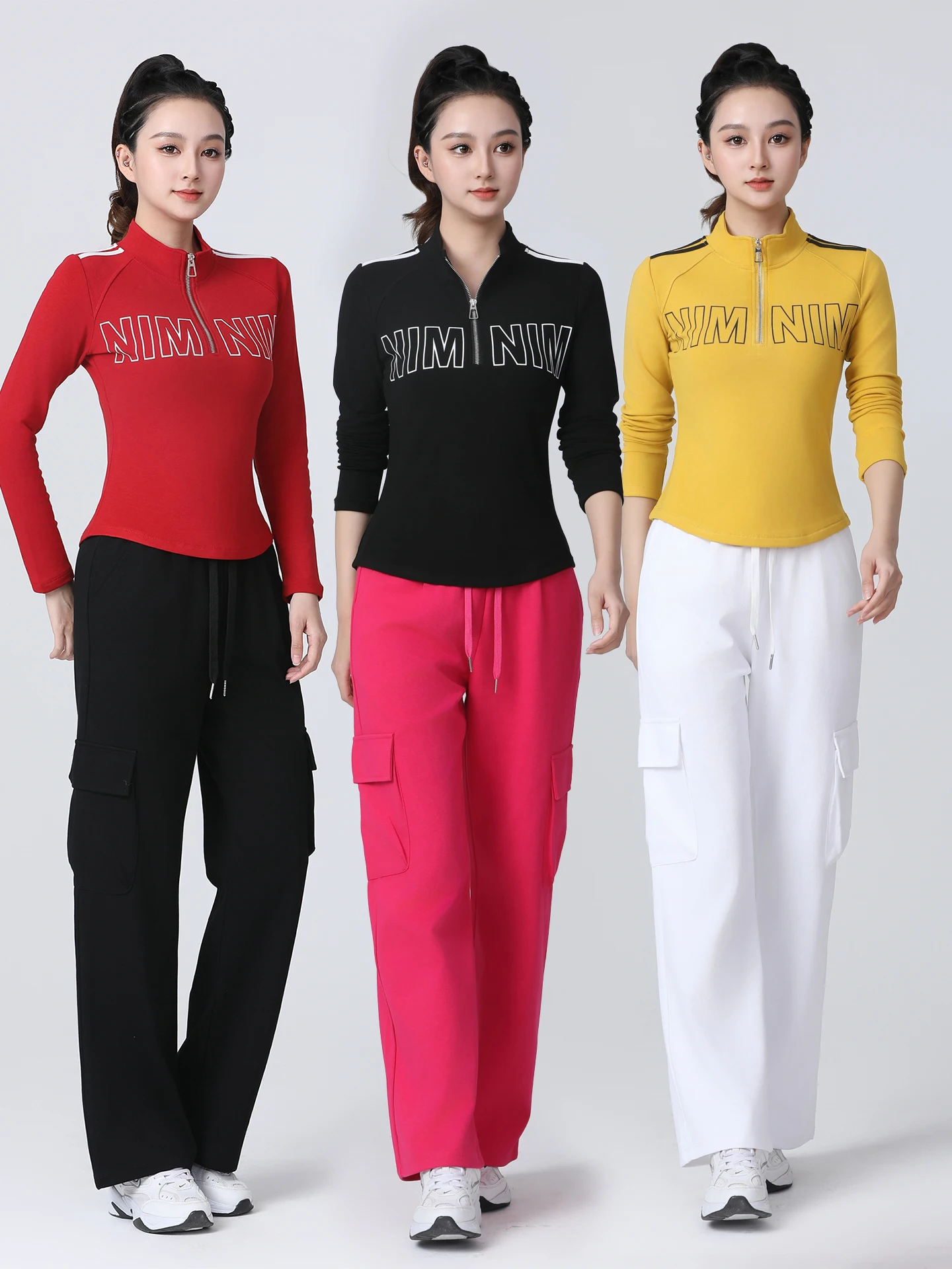 

Комплект спортивной одежды Fitn, длинный воротник-стойка, утягивающий танцевальный костюм, осенний квадратный танцевальный наряд, костюм из двух предметов, хлопок...