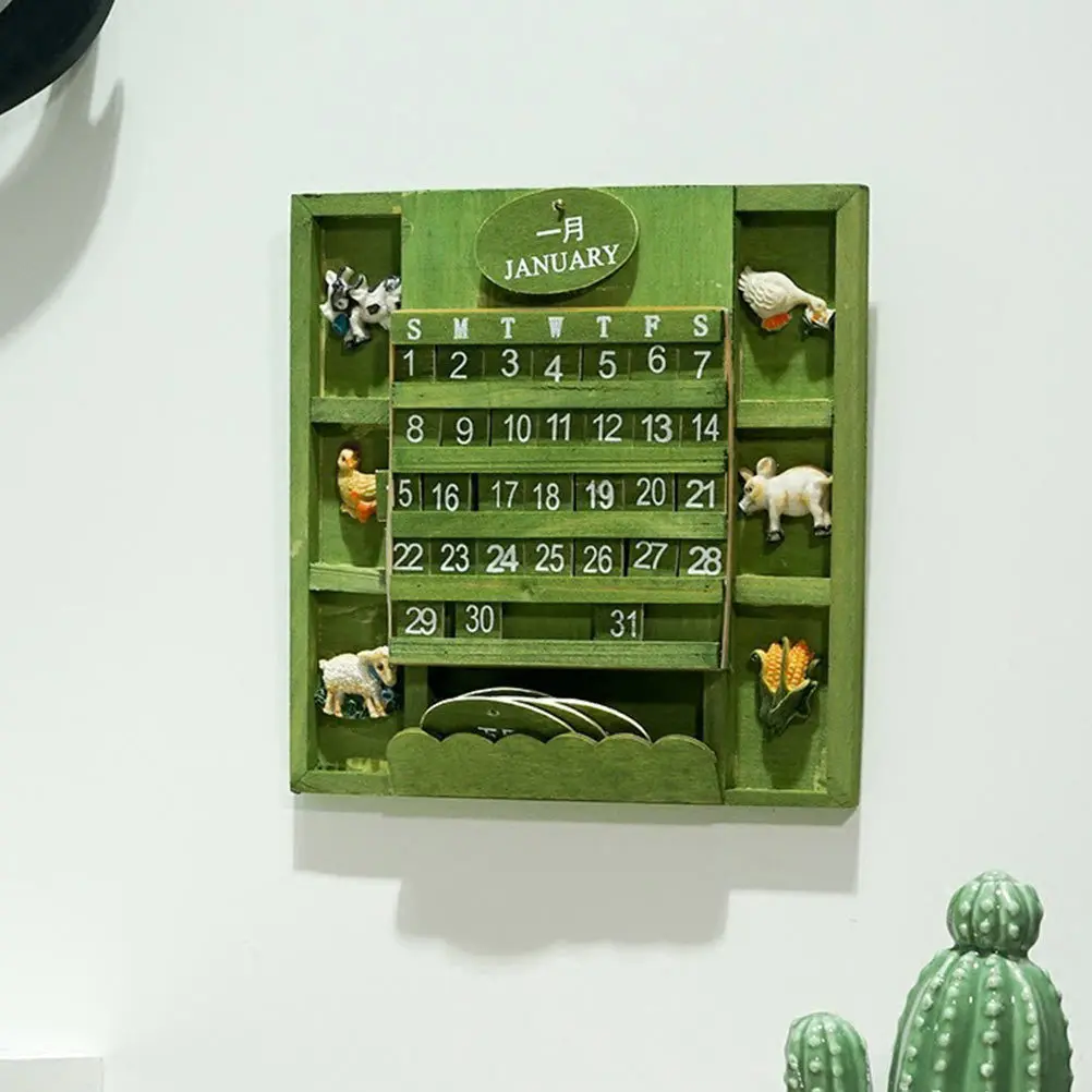 

1Pcs Wooden Perpetual Hanging Calendar Xmas Decoration Green Wood Wall Ornament Animal Zodiac Wooden Calendar