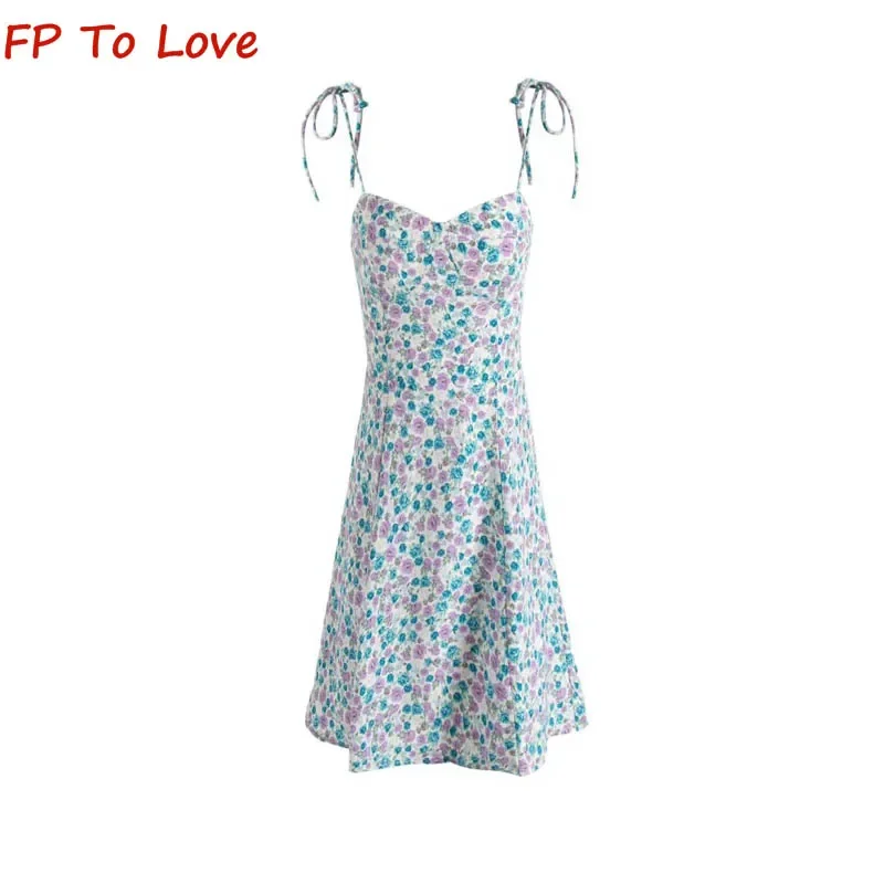 Summer Resort Style Slim High Waist Halter Dress Double Shoulder Tie Sexy V-Neck Floral Mini Tea Break Dresses