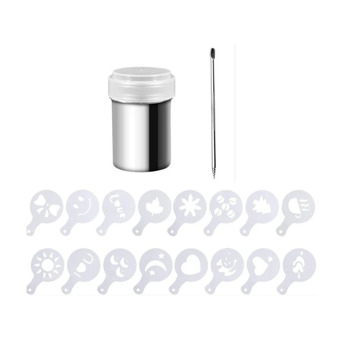 Cocoa Shaker,Coffee Powder Shaker 16 Pcs Coffee Cappuccino Stencils & Barista Pen for Cappuccino Powder Sugar Latte,Etc