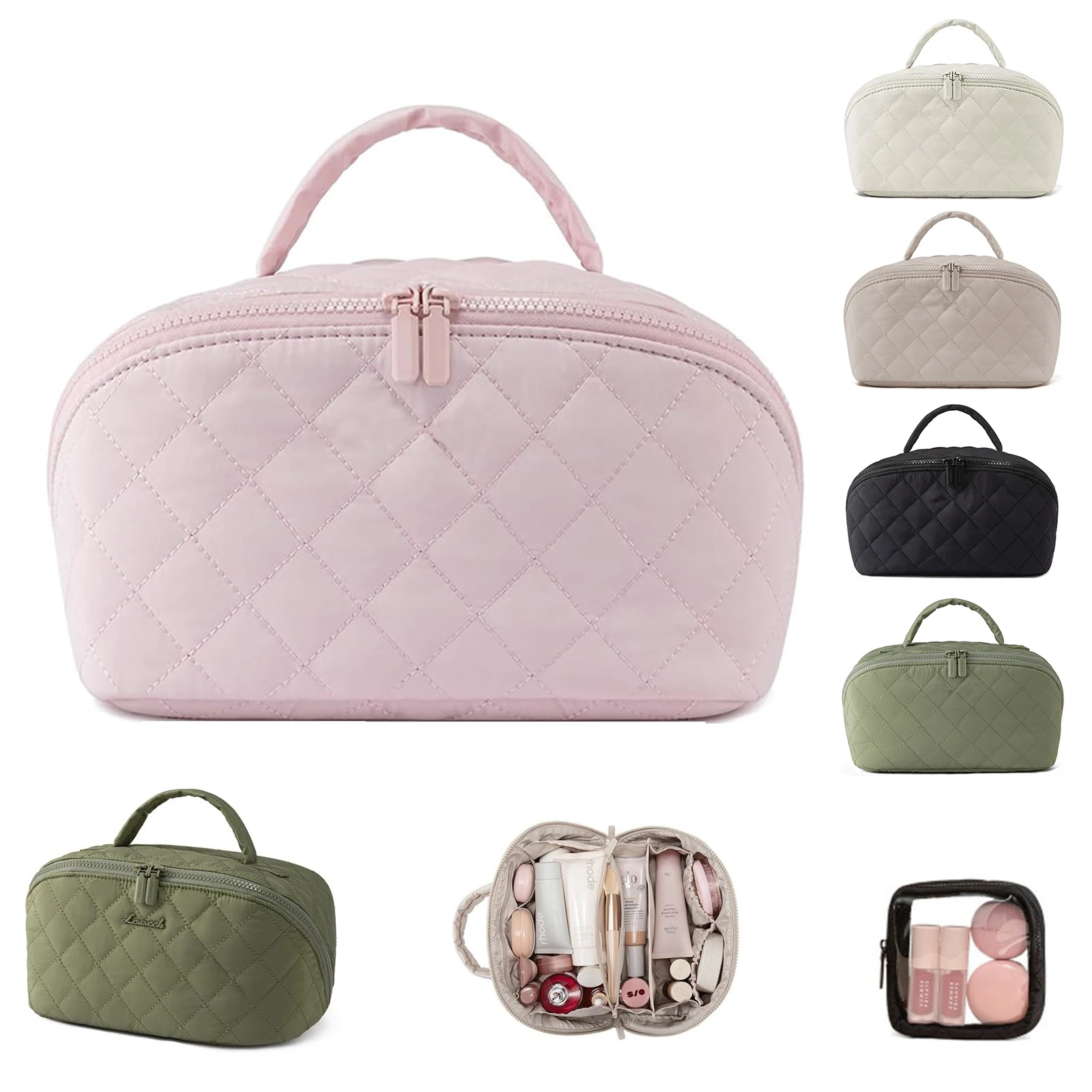 Makeup Bag , Expandable Makeup Bag, 180° Lay-Flat Design, Pouch Open Flat Small Toiletry Bags, With Handle Brush Compartment