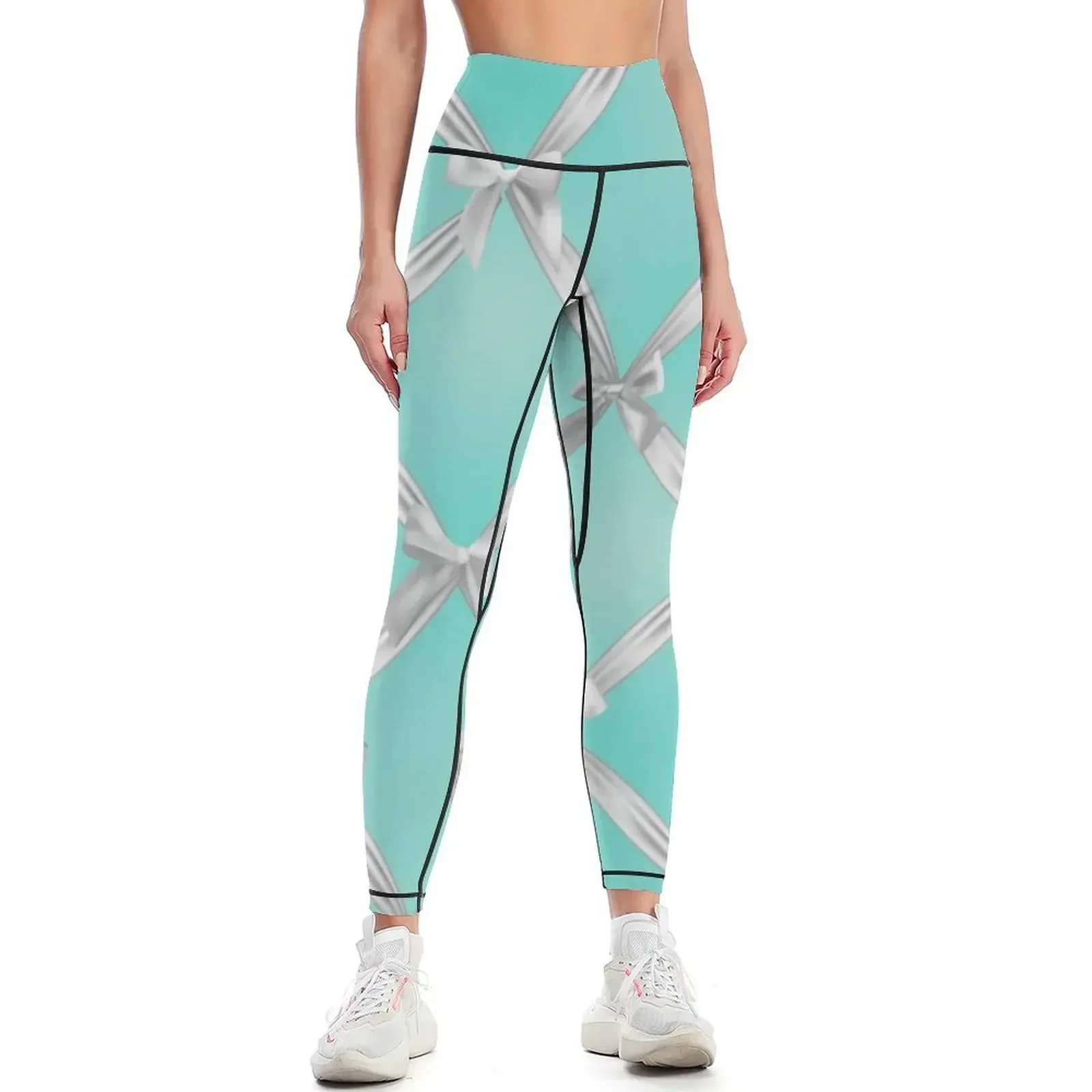 กางเกงเลกกิ้งสีฟ้าขาวลายโบว์ สีฟ้าอมเขียวแบบไข่นก สำหรับผู้หญิง ออกกำลังกาย เล่นกีฬา เสื้อผ้าออกกำลังกายสำหรับผู้หญิง