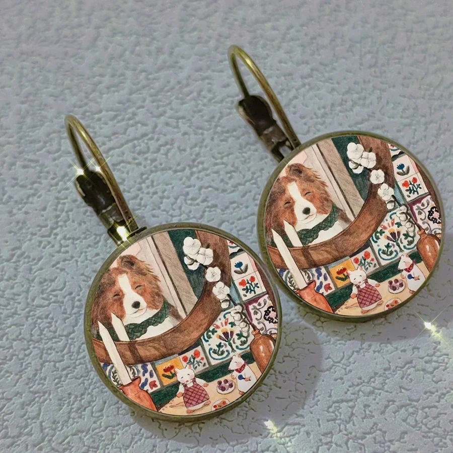 2024 Colorful Cat Earrings Abstract Oil Painting Cat and Animal Style Glass Women\'s Earrings Cute Wedding Gift