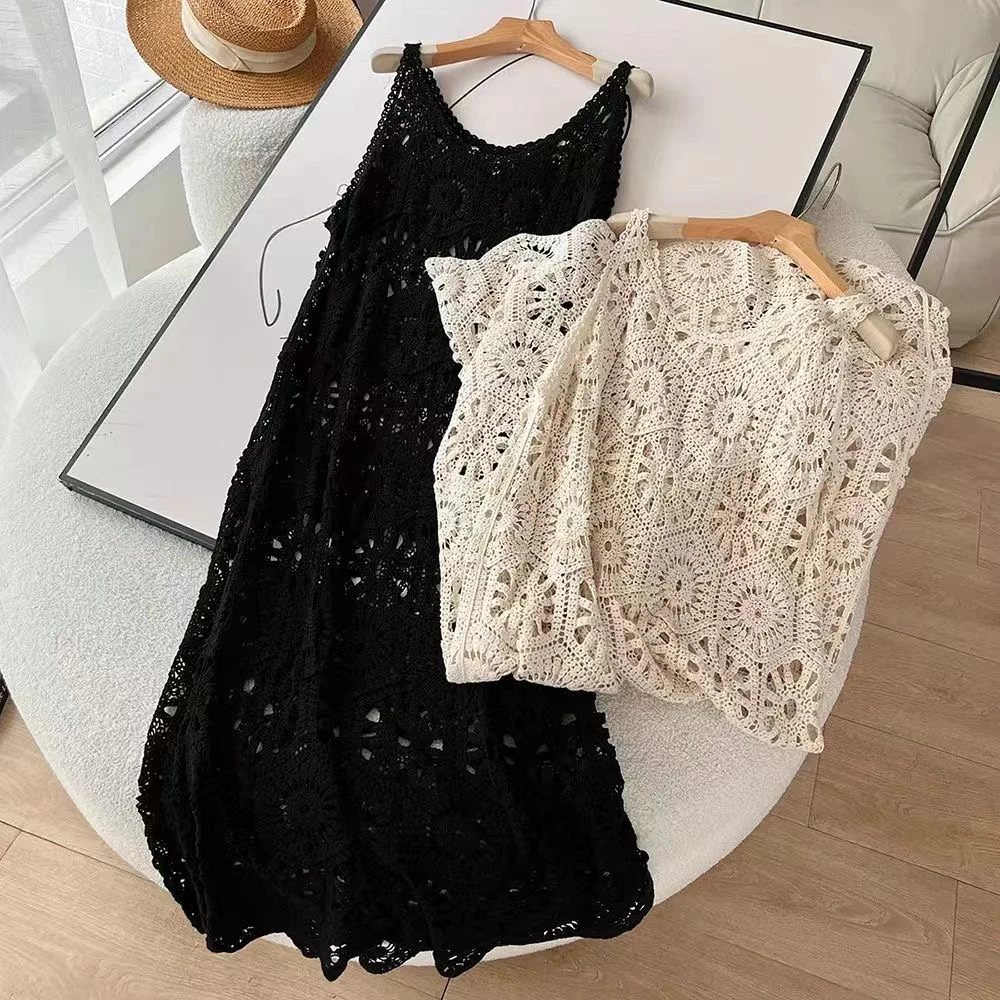 Vestido de Verão com Novo Design em Camadas, Colete e Saia Fena Solta Retro de Malha Vazada sem Alças Estilo Casual Cintu...