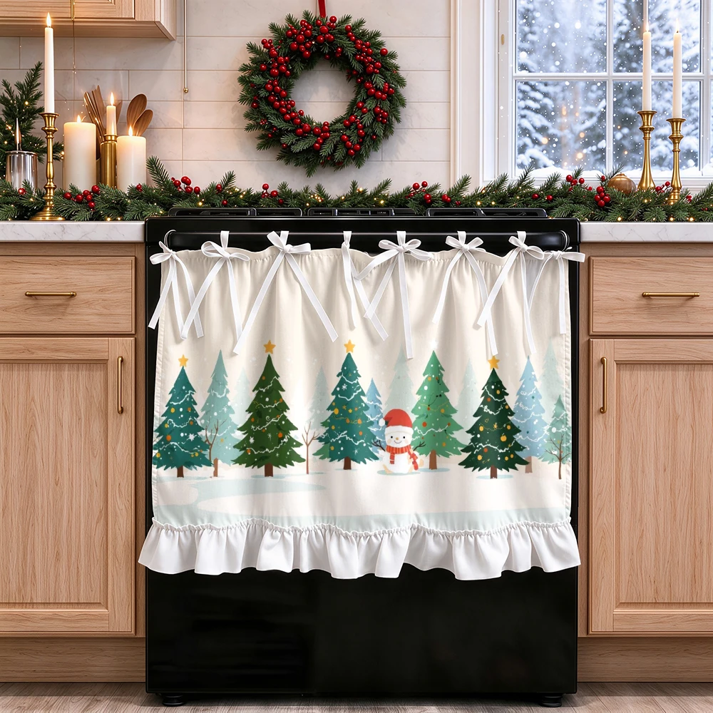 1PC lace up kitchen curtain, ruffled hem, 2D flat Snowman Tree pattern, cabinet cover curtain, Christmas home decoration