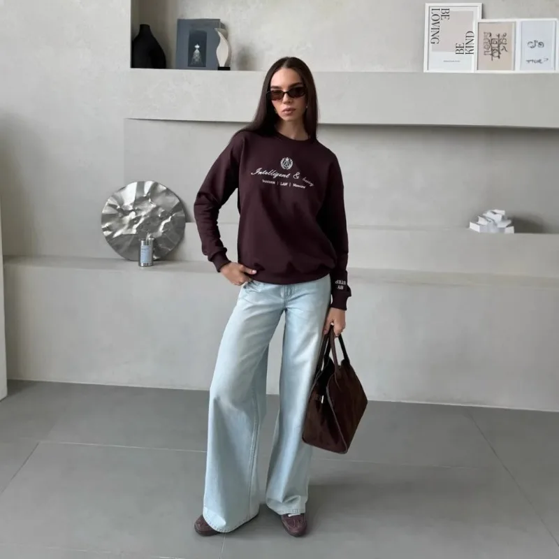 Hot Selling Simple Letter Printed Round Neck Off Shoulder Sweatshirt for Women, Loose and Fashionable Versatile Long Sleeved Top