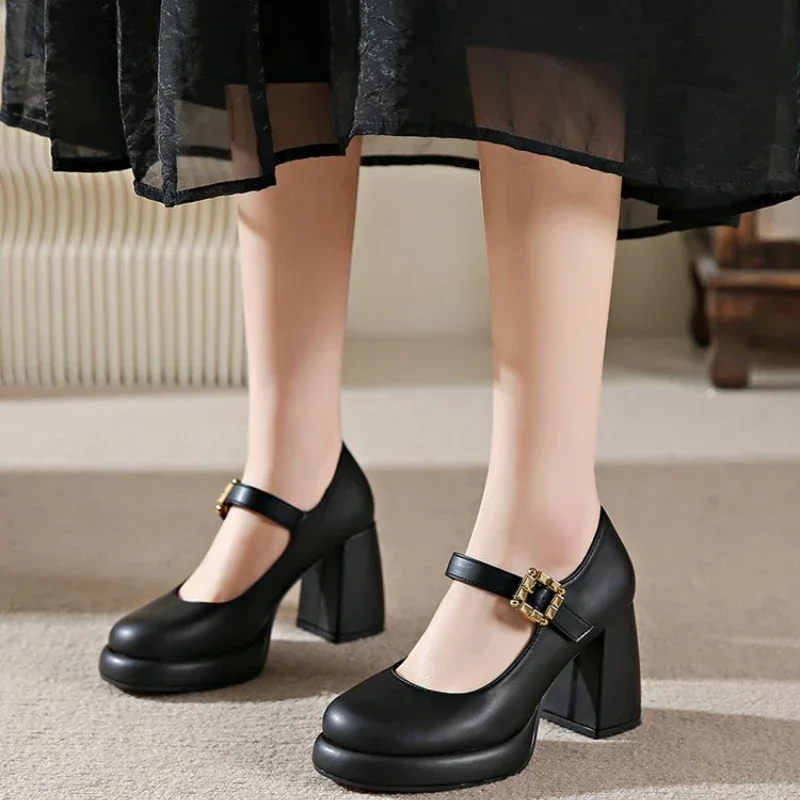 

Shoes for Woman 2024 with Medium Heels Gothic Women's Summer Footwear Japanese Style Lolita Pearl Round Toe Mary Jane Platform