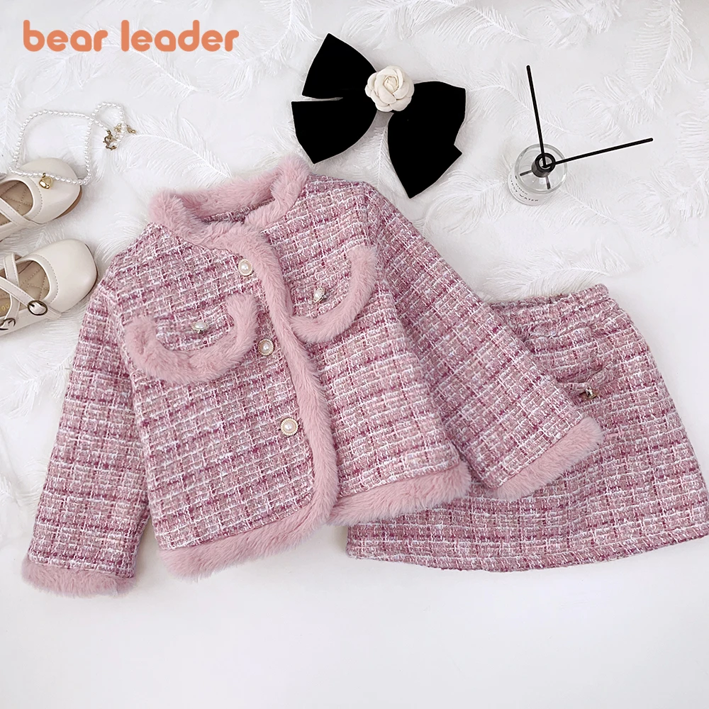 Bear Leader Winter Thickened Warm Clothing Girls Plaid Coats and Skirts 2Pcs Sets Children\'s Pearls Buttons Princess Outfits