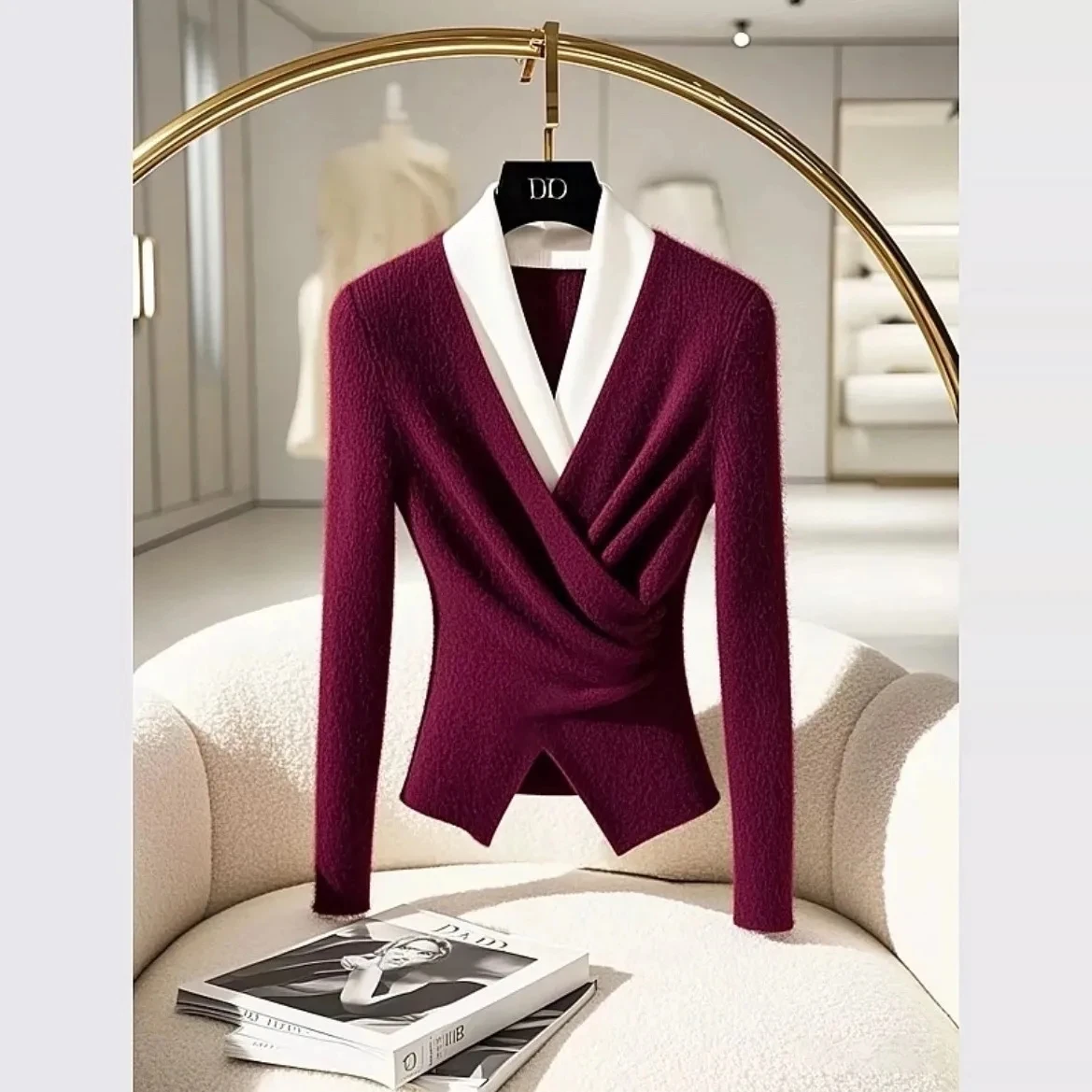 Design Blue Fake Two-Piece Sweater Women's Autumn And Winter New High-Grade Super Nice V-Neck Bottoming Sweater 2026