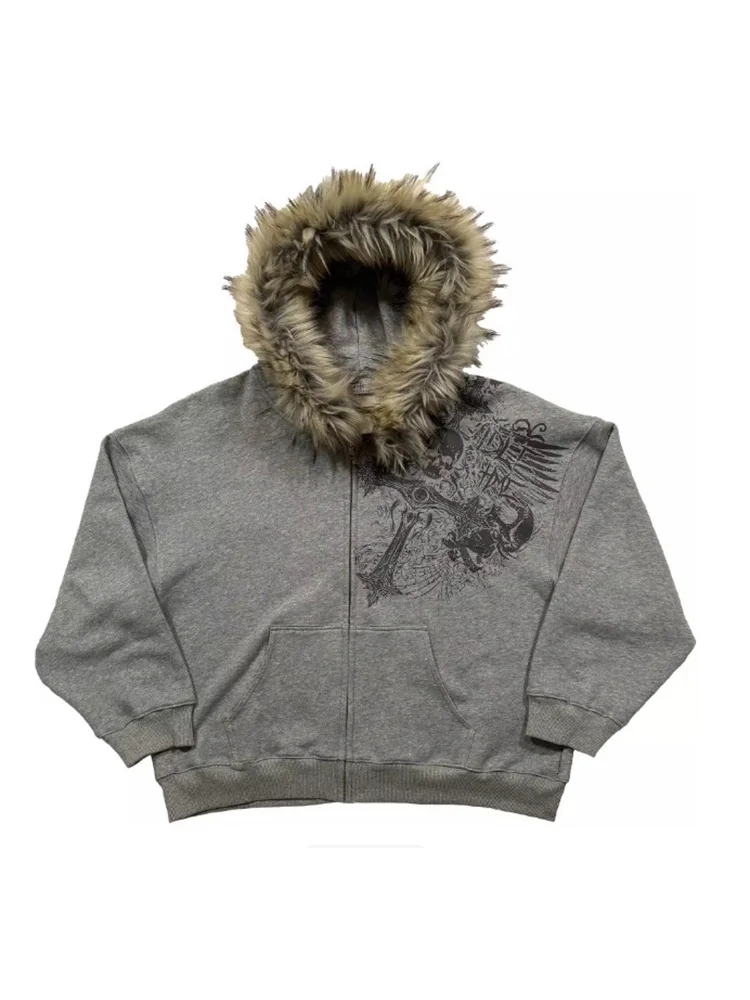 Outono Inverno Y2k Estilo Harajuku Feminino: Novas Blusas com Capuz e Gola de Pele Sintética, Estampas Gráficas Hip Hop Punk Gótico com Zíper 2026