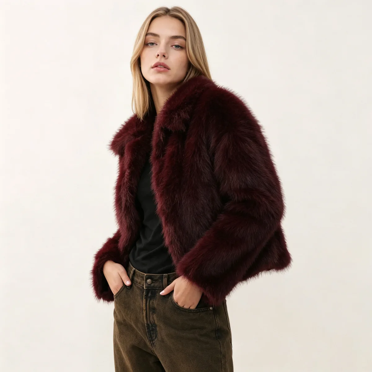 IG Women Burgundy Shaggy Faux Fur Cropped Coat Lapel Collar Single Button Loose Long Sleeve Fluffy Warm Winter Luxury Party