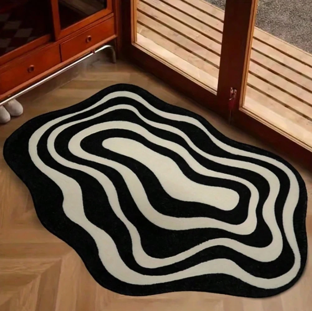 Modern Black White Abstract Wave Pattern Area Rug Soft Hand Washable Non-Slip Diatom Mud Mat For Living Room Or Bedroom Decor