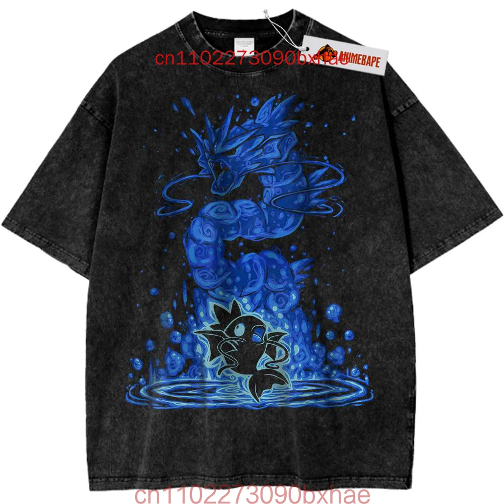 

New Mewtwo Vintage Acid Wash Men's T-Shirts Cartoons Printing Tees Crewneck Cotton Oversize Short Sleeve Fashion Clothes