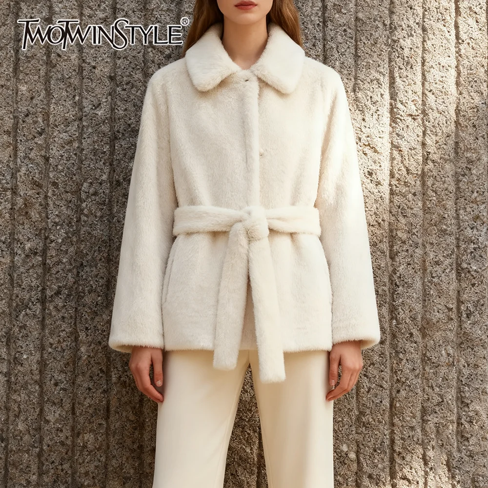 

TWOTWINSTYLE Solid Casual Spliced Fur Jacket for Women Lapel Long Sleeve Patchwork Lace Up Slimming Winter Coat Female New Trend