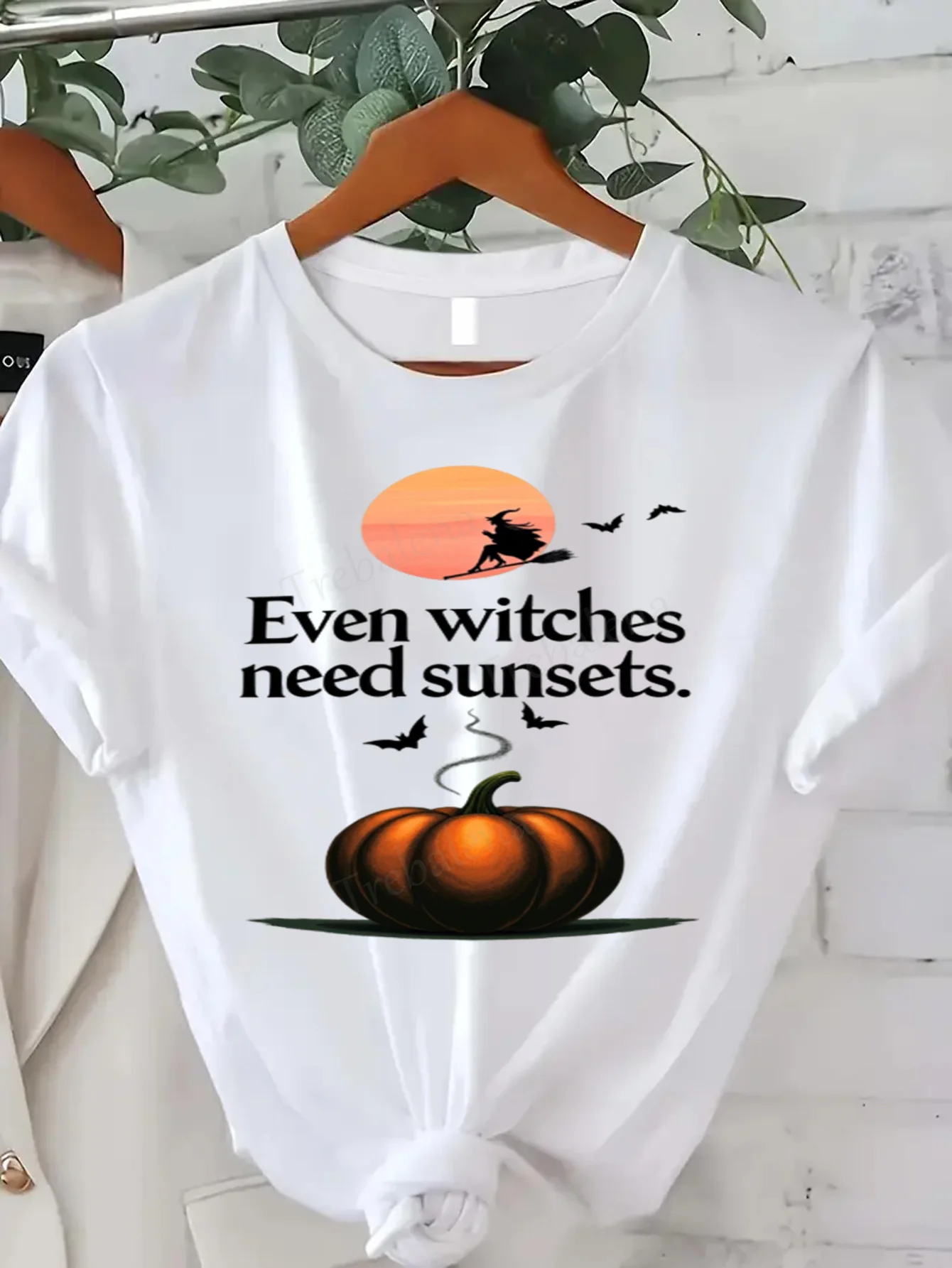 

Round Neck T-shirt Even Witches Need Sunsets Halloween Pumpkin T-Shirt Women Plus Size Short Sleeve Tee Fashion Casual Top