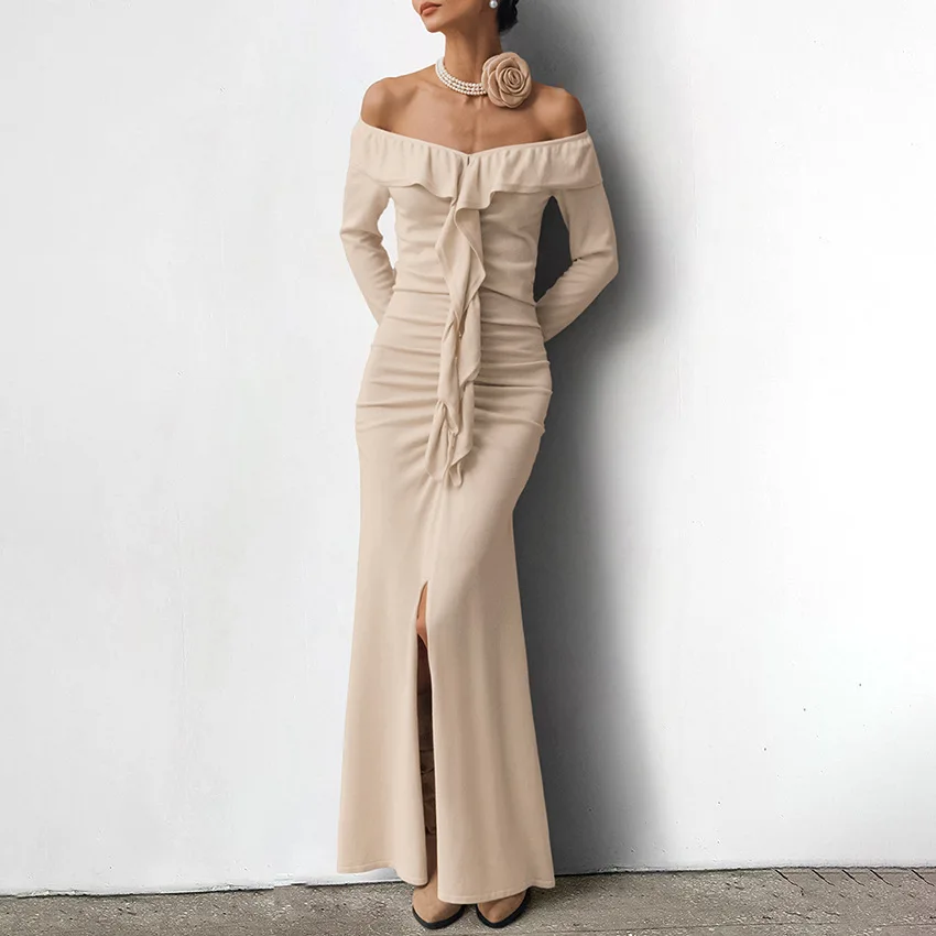 

Elegant Ruffles Off Shoulder Khaki Long Dress Slit Pleated Ribbon Draped Bodycon Autumn Winter Warm Long Sleeve Women Dresses