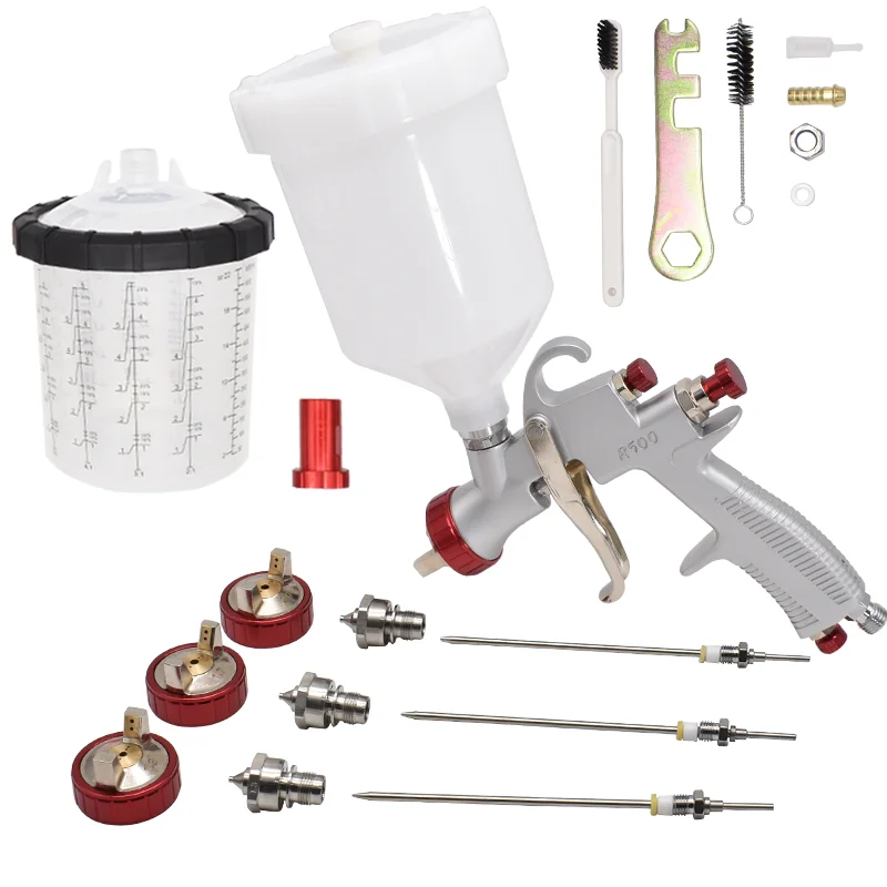 Kit completo de pistola pulverizadora LVLP R500, boquilla de 1,3/1,5/1,7/2,0mm, aerógrafo de 600cc sin taza limpia para pintura de coches, pistola pulverizadora por gravedad neumática