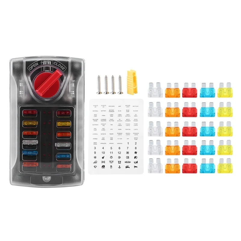 

Пылезащищенный универсальный индикаторный блок предохранителей на 12 цепей для автомобилей, яхт и морских судов