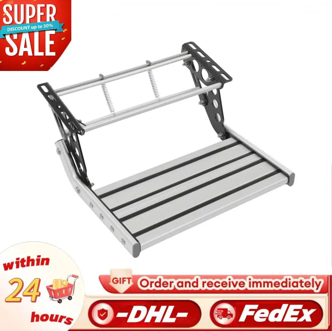 

Folding RV Step Silver Aluminum Alloy 44cm RV Camper Step with 12V LED Light Manual RV Step 150kg Load Bearing Capacity