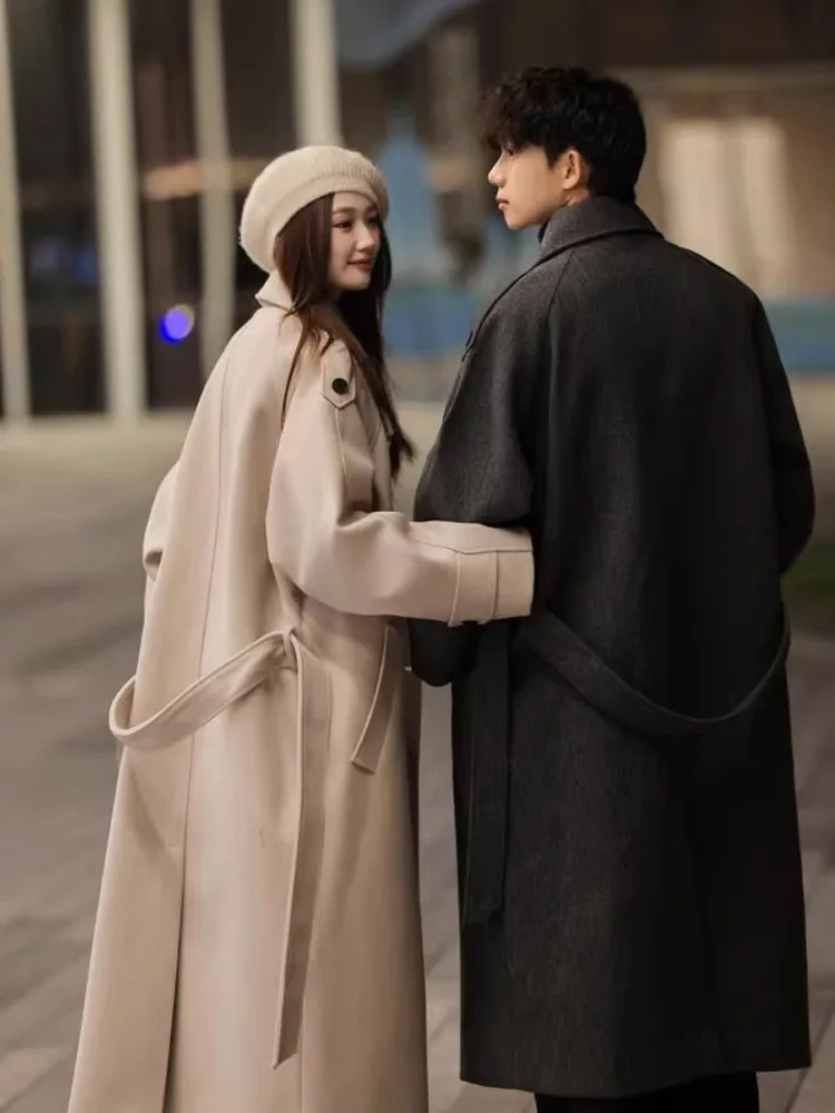 معطف صوفي سميك على الطراز الكوري للرجال سترة شتوية طويلة موضة الشباب كلاسيكية زر إغلاق بلون واحد ملابس خارجية #5